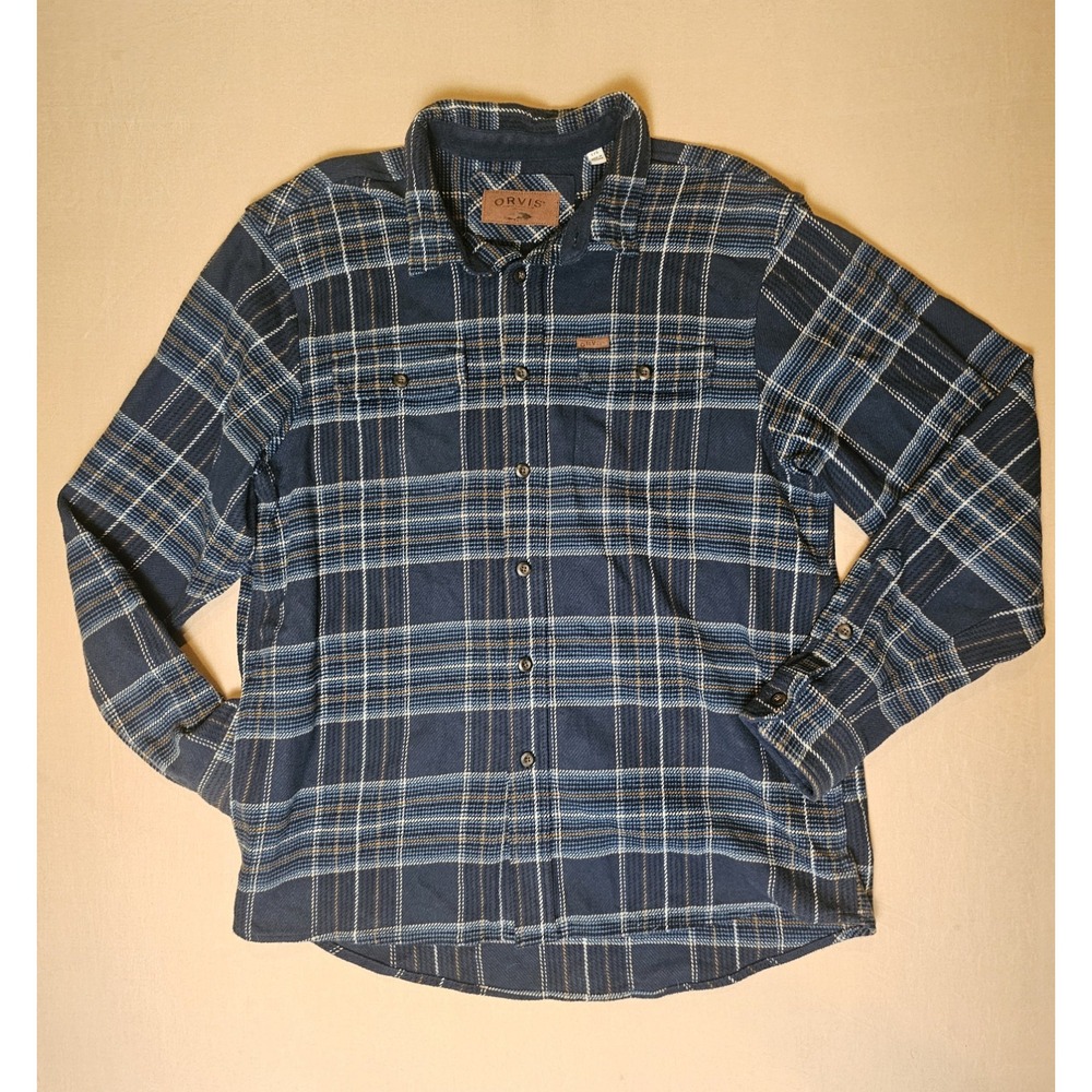 Orvis Mens Lrg Heavyweight Flannel Shirt Blue Plaid 100% Cotton Outdoor Gorpcore
